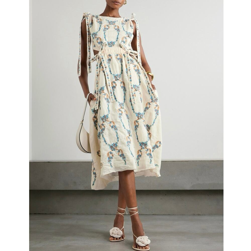 Agua by Agua Bendita Guaguancò Small Florero Embroidered Linen Midi Dress